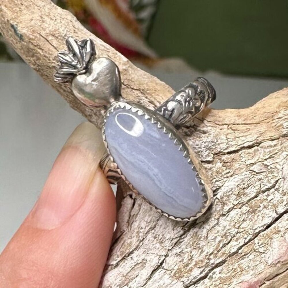 Natural Blue Lace 925 Sterling Silver Oval Banded Agate Ring Size 8 USA made